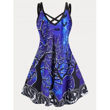 

Plus Size Mini Dress Halloween Pumpkin Tree Branches Bat Galaxy Print Crisscross Dual Straps Cami Dress, Blue