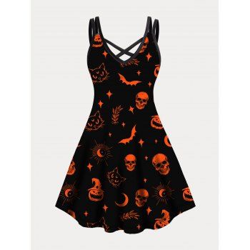 

Halloween Dress Plus Size Dress Skull Bat Pumpkin Cat Print Crisscross Gothic A Line Mini Dress, Black