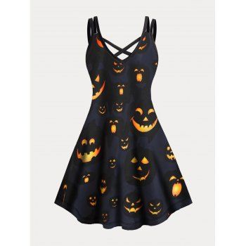 Plus Size Dress Halloween Dress Smiling Pumpkin Print Crisscross A Line Mini Gothic Dress