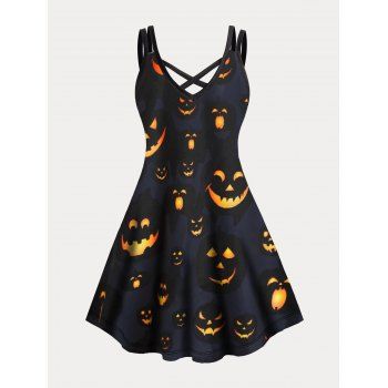 

Plus Size Dress Halloween Dress Smiling Pumpkin Print Crisscross A Line Mini Gothic Dress, Black