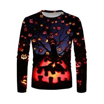 

Allover Pumpkin Tree Print Halloween T-shirt Long Sleeve Round Neck Casual Tee, Multicolor