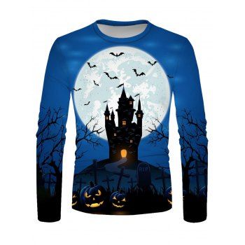 

Halloween Moon Night Pumpkin Castle Tree Branches Bat Print T-shirt Long Sleeve Casual Tee, Multicolor