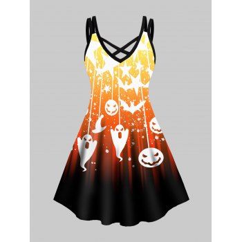 

Plus Size Halloween Cartoon Ghost Pumpkin Star Print Mini Dress Crisscross Dual Straps Cami Dress, Orange
