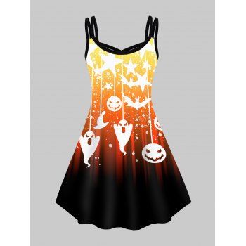 Plus Size Halloween Cartoon Ghost Pumpkin Star Print Mini Dress Crisscross Dual Straps Cami Dress