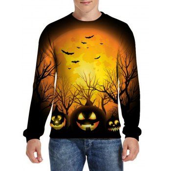 

Pumpkin Moon Bat Tree Branches Print Halloween Sweatshirt Long Sleeve Crew Neck Sweatshirt, Multicolor