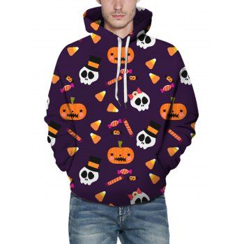 

Halloween Cartoon Pumpkin Skull Candy Print Hoodie Kangaroo Pocket Drawstring Hoodie, Multicolor