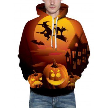 

Halloween Pumpkin Witch Bat Cat Moon Castle Print Hoodie Drawstring Kangaroo Pocket Hoodie, Multicolor