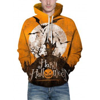 

Happy Halloween Castle Pumpkin Bat Moon Print Graphic Hoodie Kangaroo Pocket Drawstring Hoodie, Multicolor