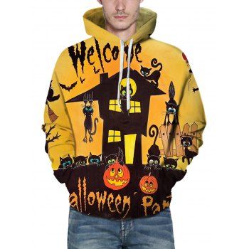 

Halloween Cartoon Black Cat Pumpkin Castle Slogan Print Graphic Hoodie Kangaroo Pocket Drawstring Hoodie, Multicolor