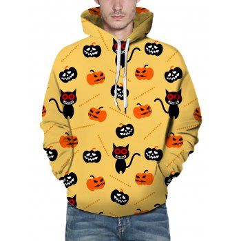 

Halloween Funny Black Cat Pumpkin Print Hoodie Drawstring Kangaroo Pocket Hoodie, Multicolor