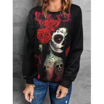 

Halloween Sweatshirt Rose Skull Character Print Long Sleeve Gothic Sweatshirt, Red