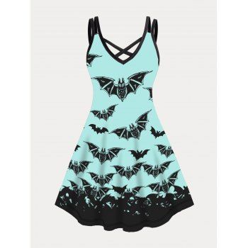 

Plus Size Dress Allover Bat Print Gothic Dress Crisscross A Line Mini Dress, Light green