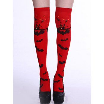 

Halloween Bat Allover Print Party Cosplay Accessory Thigh High Socks, Lava red