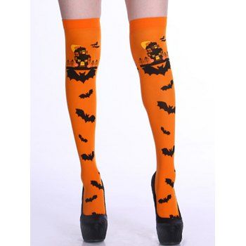 

Halloween Bat Allover Print Party Cosplay Accessory Thigh High Socks, Pumpkin orange