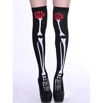 

Halloween Skeleton Rose Print Party Accessory Thigh High Socks, Black