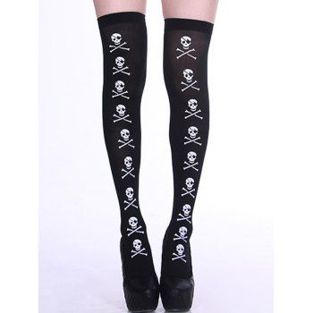 

Halloween Skull Bone Cross Print Thigh High Socks, Black