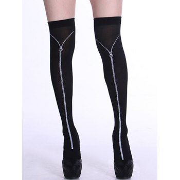 

Zipper 3D Print Party Accessory Thigh High Socks, Black