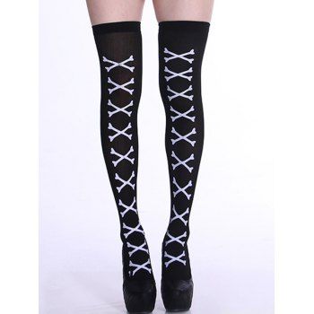 

Halloween Party Accessory Bone Print Thigh High Socks, Black