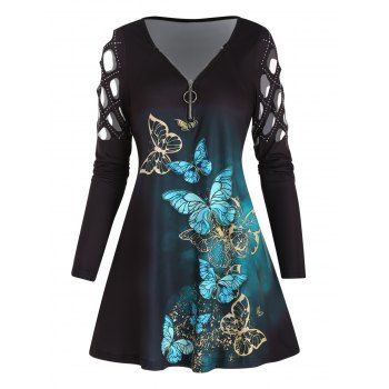 

Butterfly Print Glitter Rhinestone Cut Out T-shirt O Ring A Quarter Zip Long Sleeve Tee, Black