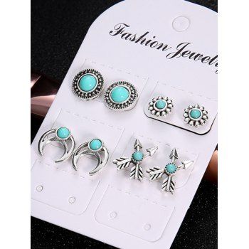 4Pairs Moon Arrow Floral Artificial Turquoise Stud Earrings Set