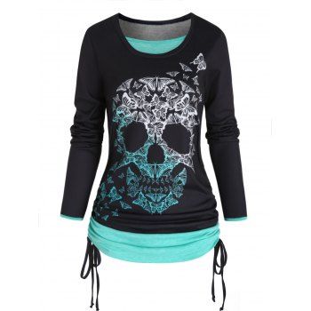 

Skull Print Colorblock Faux Twinset Top Cinched Long Sleeve 2 In 1 Top, Green
