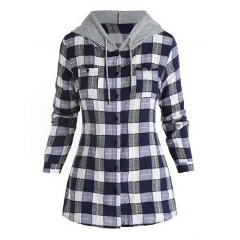 

Plaid Print Shirt Hooded Shirt Long Sleeve Front Pocket Button Up Shirt, Blue