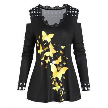 

Cold Shoulder T Shirt Polka Dot Butterfly Print Scalloped Lace Insert Long Sleeve Tee, Black