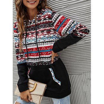 

Ethnic Tribal Geometric Print Flocking Hoodie Kangaroo Pocket Drawstring Long Hoodie, Deep red