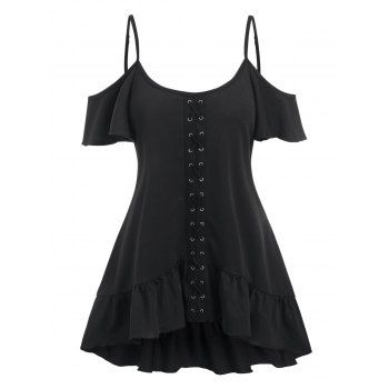 

Plus Size & Curve Cold Shoulder Lace Up T-shirt Flounce Hem Adjustable Straps Gothic Tee, Black