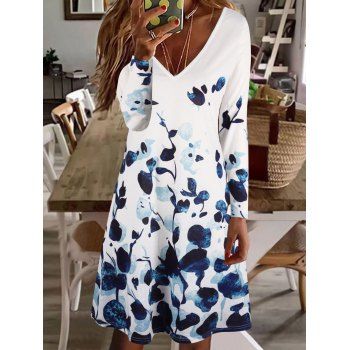 

Printed Dress V Neck Long Sleeve High Waisted Casual A Line Mini Dress, Deep blue