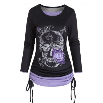 

Skull Print Colorblock Faux Twinset Top Cinched Long Sleeve 2 In 1 Top, Purple