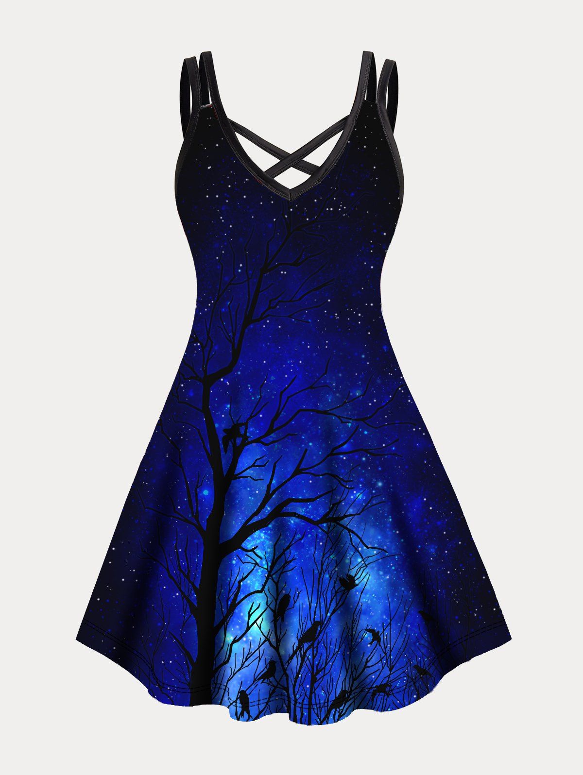 Plus Size Dress Tree Branches Starry Night Print Crisscross A Line Mini Dress - BLACK 5XL