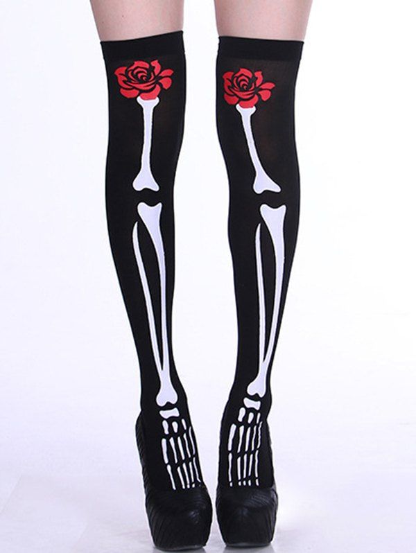 Chaussettes Mi-Cuisse D'Halloween à Imprimé Rose Squelette - Noir 1 PAIR