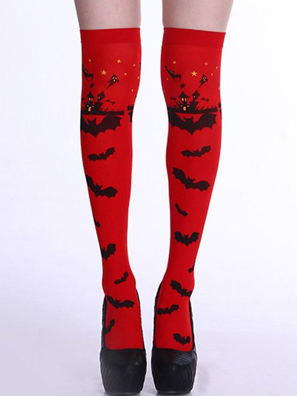 Chaussettes Hautes D'Halloween à Imprimé Chauve-souris Partout - Rouge Lave 