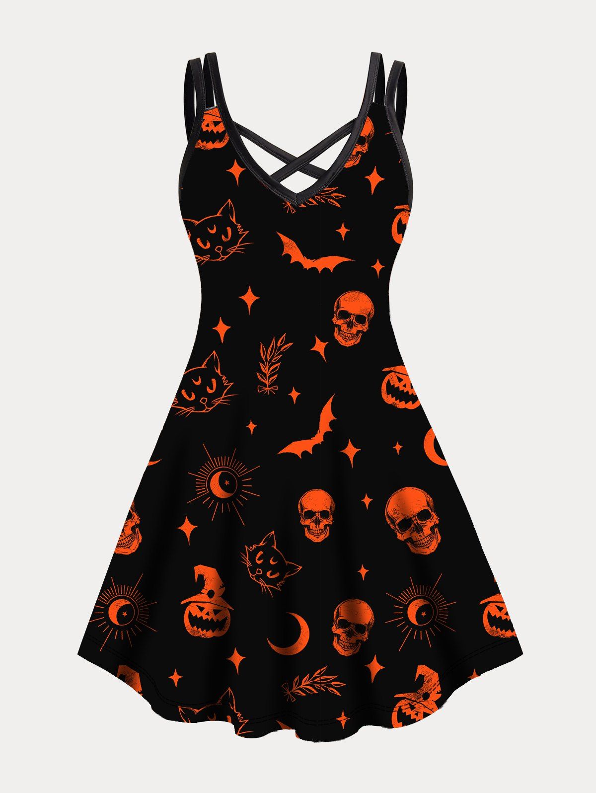 Halloween Dress Plus Size Dress Skull Bat Pumpkin Cat Print Crisscross Gothic A Line Mini Dress - BLACK 5XL
