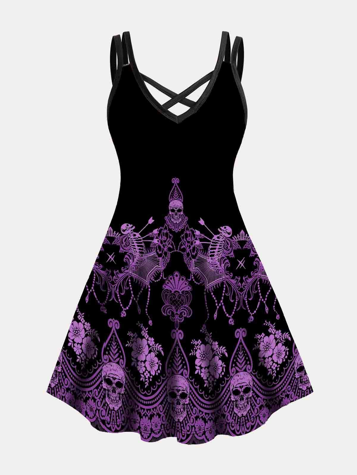 Plus Size Dress Gothic Dress Crisscross Skull Flower Print A Line Mini Halloween Dress - BLACK 4XL