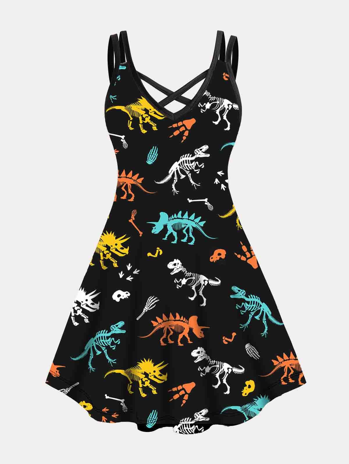 Plus Size Dress Colored Skeleton Dinasours Print Crisscross A Line Mini Dress - BLACK 5XL