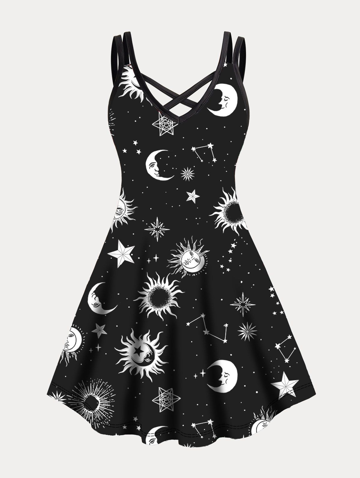 Plus Size Dress Vintage Dress Sun Moon Star Print Crisscross A Line Mini Dress - BLACK 3XL