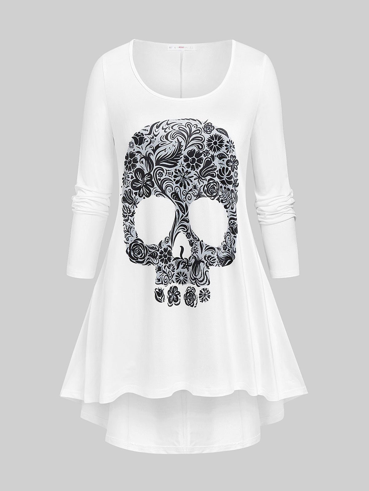 Plus Size Skull Print High Low Halloween T-shirt - WHITE 5X