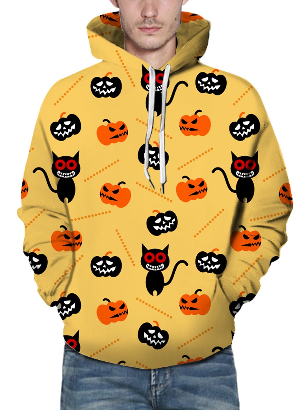 Halloween Funny Black Cat Pumpkin Print Hoodie Drawstring Kangaroo Pocket Hoodie - multicolor 2XL