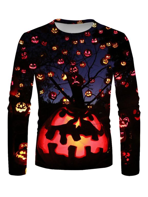 T-shirt D'Halloween Décontracté à Imprimé Citrouille et Arbre Manches Longues à Col Rond - multicolor XL