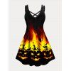 Plus Size Dress Halloween Fire Flame Pumpkin Print Mini Dress Dual Straps Crisscross Cami Dress - ORANGE 5XL