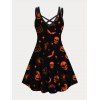 Halloween Dress Plus Size Dress Skull Bat Pumpkin Cat Print Crisscross Gothic A Line Mini Dress - BLACK 2XL