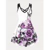Plus Size Dress Rose Skull Print Tie Dye Crisscross A Line Mini Dress - WHITE 2XL