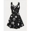 Plus Size Dress Vintage Dress Sun Moon Star Print Crisscross A Line Mini Dress - BLACK 3XL