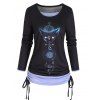 Animal Head Celestial Moon Flower Print Colorblock Faux Twinset Top Cinched Long Sleeve 2 In 1 Top - BLACK XXL