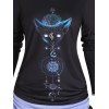 Animal Head Celestial Moon Flower Print Colorblock Faux Twinset Top Cinched Long Sleeve 2 In 1 Top - BLACK XXL