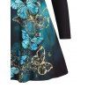 Butterfly Print Glitter Rhinestone Cut Out T-shirt O Ring A Quarter Zip Long Sleeve Tee - BLACK 3XL