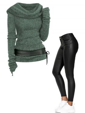 Hooded Cowl Front Lace Up Belted Sweater And PU Skinny Solid Color Zipper Fly Pockets Long Pants