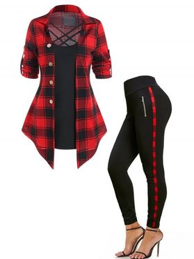 Plaid Print Crisscross Pointed Hem Mock Button 2 In 1 T Shirt And Zipper Detail Pants Casual Outfit